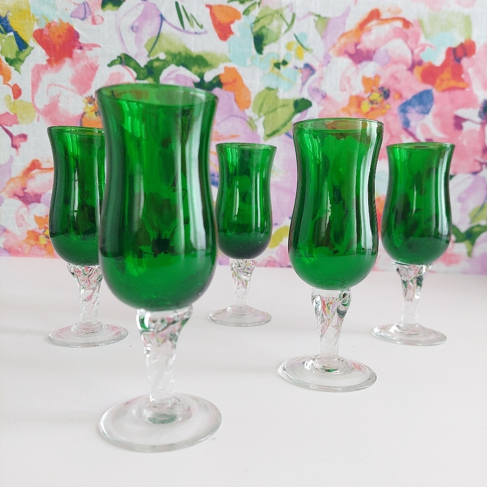 Blown Glass Liqueur Glasses Set Emerald Green with Clear Twisted Stem